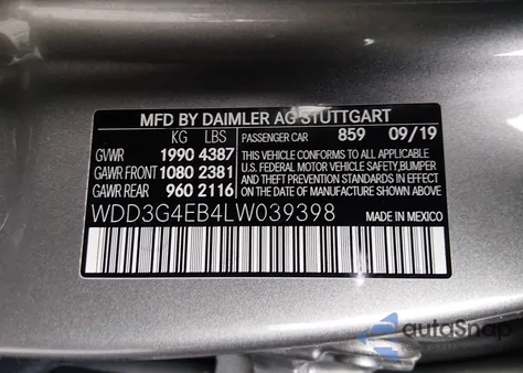 2020 Mercedes-Benz A 220 из США, поврежденный, VIN WDD3G4EB4LW039398